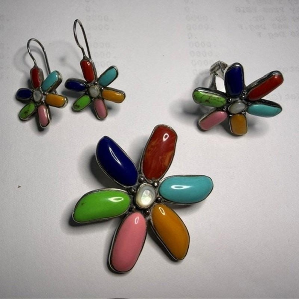 925 Sterling Silver Ring Pendant Earrings Set Flower Multicolor Vintage